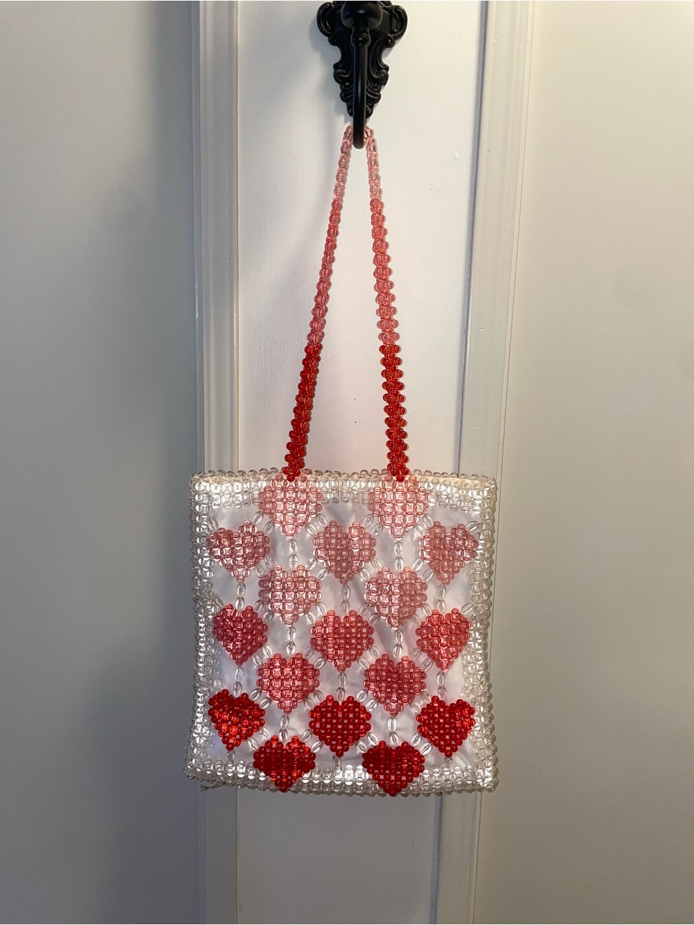 Isaac Mizrahi Clear Beaded Tote with Red and Pink Heart Pattern
